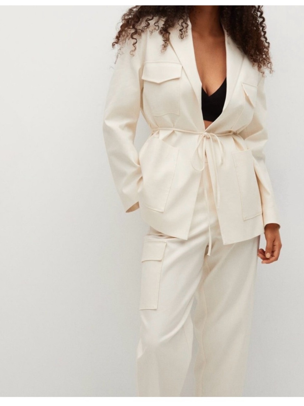 Mango Cream Utility Pocket Blazer waist tie
